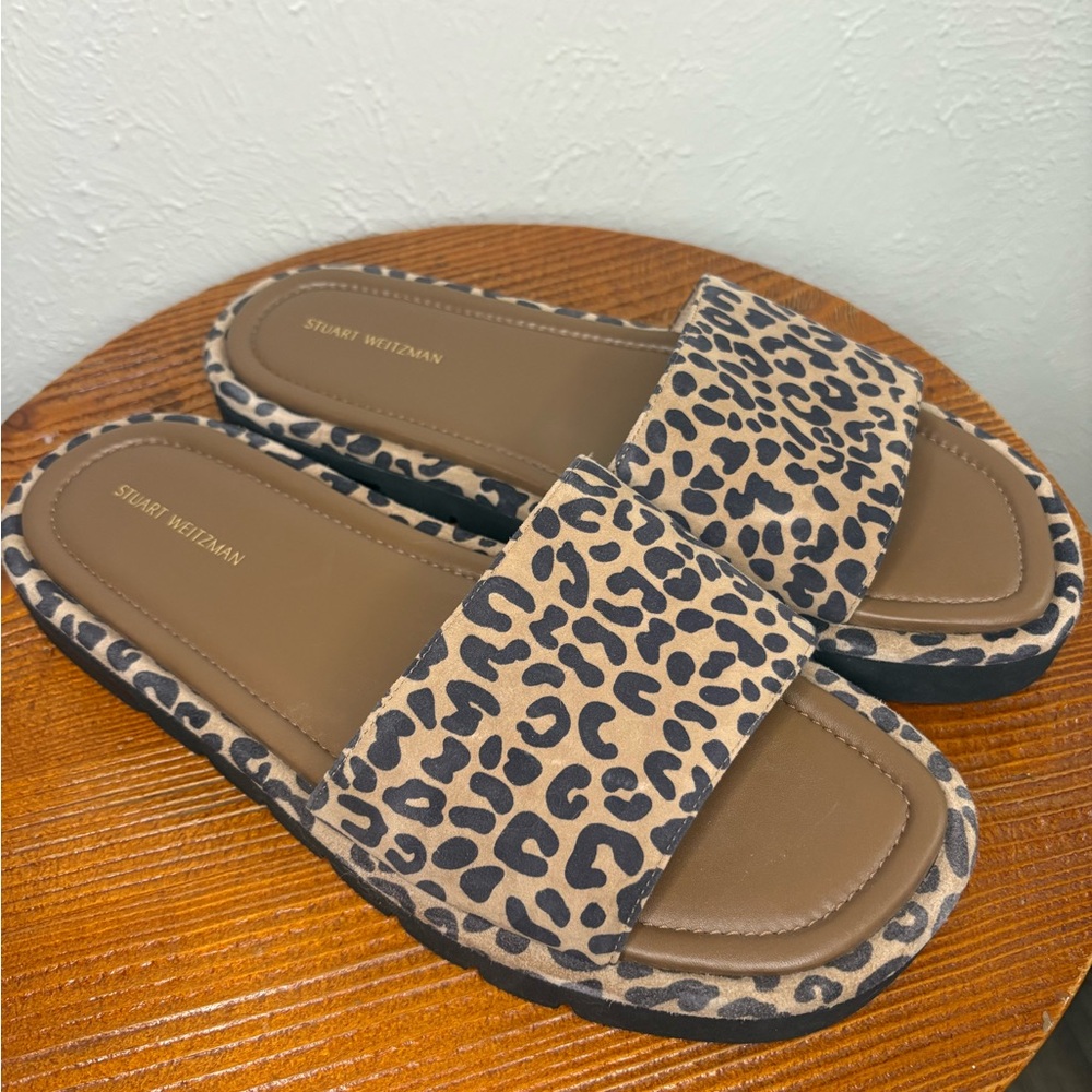 Stuart Weitzman Tan and Black Leopard Slide Sandals